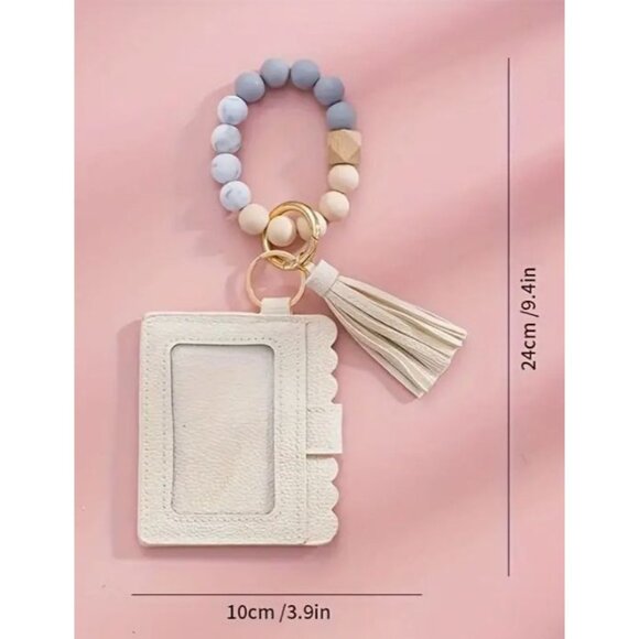 Turquoise & White Leather ID Card Holder With Beaded Tassel Keychain NEW - Picture 2 of 2